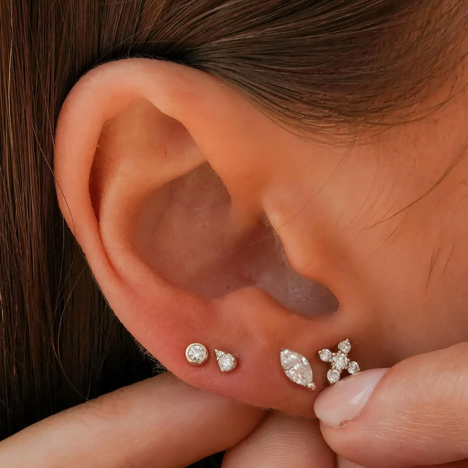 Push-in Flat Back Earrings, Hypoallergenic 14K Gold Plated Marquise Cubic Zirconia Stud Earrings | Cartilage Earring | Tragus Helix Piercing Jewelry | Threadless Push in Flatback Nap Earrings for Women Men