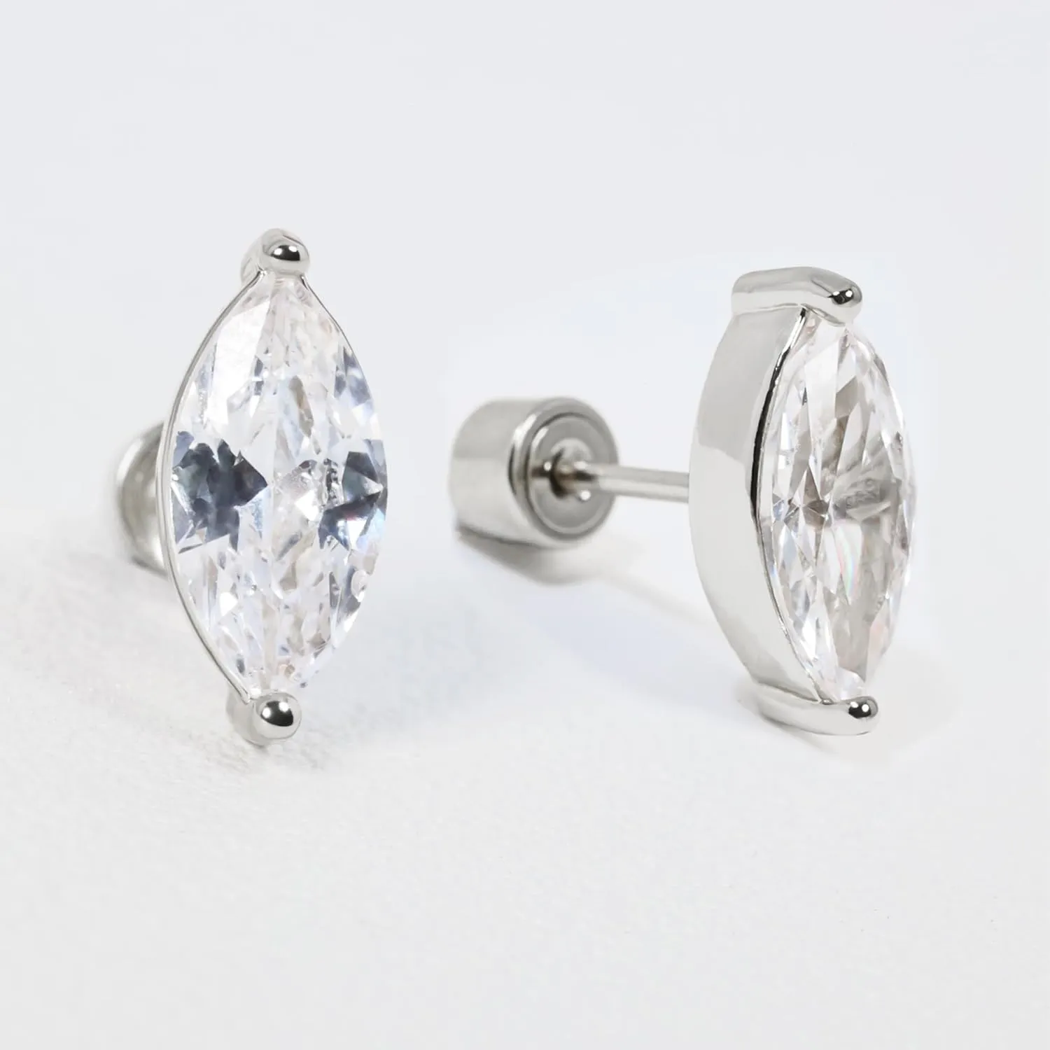 Push-in Flat Back Earrings, Hypoallergenic 14K Gold Plated Marquise Cubic Zirconia Stud Earrings | Cartilage Earring | Tragus Helix Piercing Jewelry | Threadless Push in Flatback Nap Earrings for Women Men