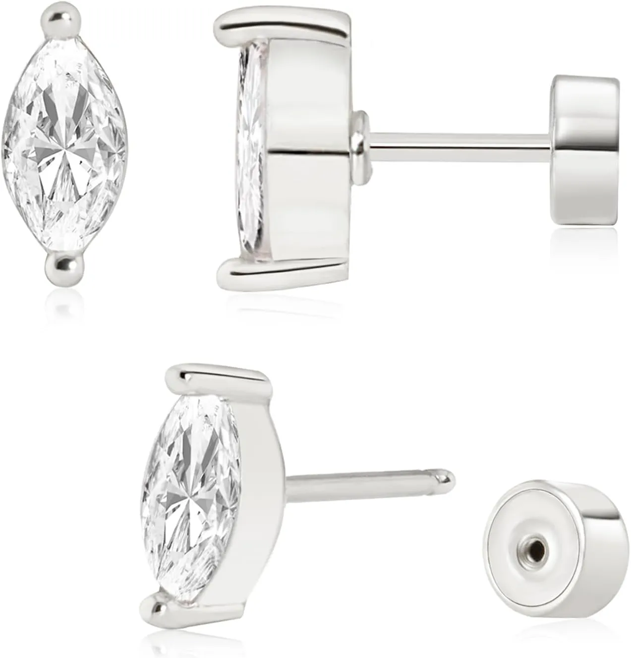 Push-in Flat Back Earrings, Hypoallergenic 14K Gold Plated Marquise Cubic Zirconia Stud Earrings | Cartilage Earring | Tragus Helix Piercing Jewelry | Threadless Push in Flatback Nap Earrings for Women Men