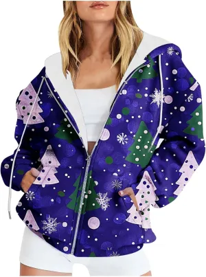 Quilted Jackets for Women Casual Christmas Print Winter Coats Full Zip Hoodies Long Sleeve Sweatshirt with Pockets