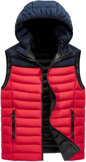 QWENTMTNTY Men's Lightweight Outerwear Vests Big and Tall Cotton Padded Winter Thick Hoodie Jackets Sleeveless Zipper Pockets Coats