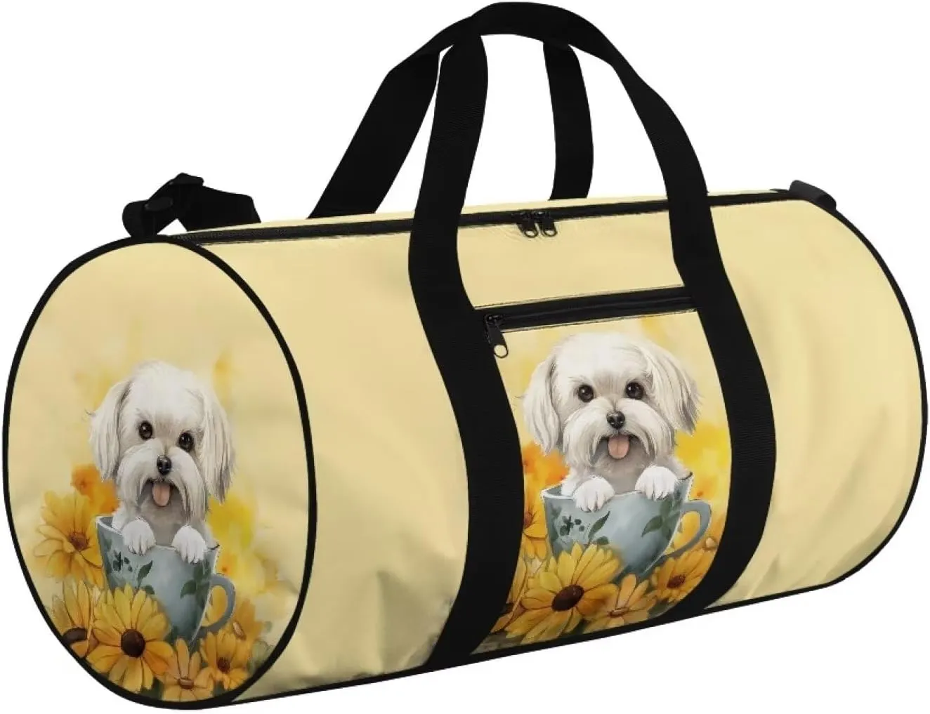 Rchsmod Bichon Print Gym Bag for Women Sunflower Cup Design Travel Duffel Bag Foldable Shoulder Bag Overnight Weekender Duffel Bag with Front Zipper Pocket Fitness Tote for Plane Sports Gym