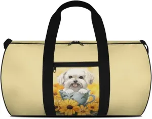 Rchsmod Bichon Print Gym Bag for Women Sunflower Cup Design Travel Duffel Bag Foldable Shoulder Bag Overnight Weekender Duffel Bag with Front Zipper Pocket Fitness Tote for Plane Sports Gym