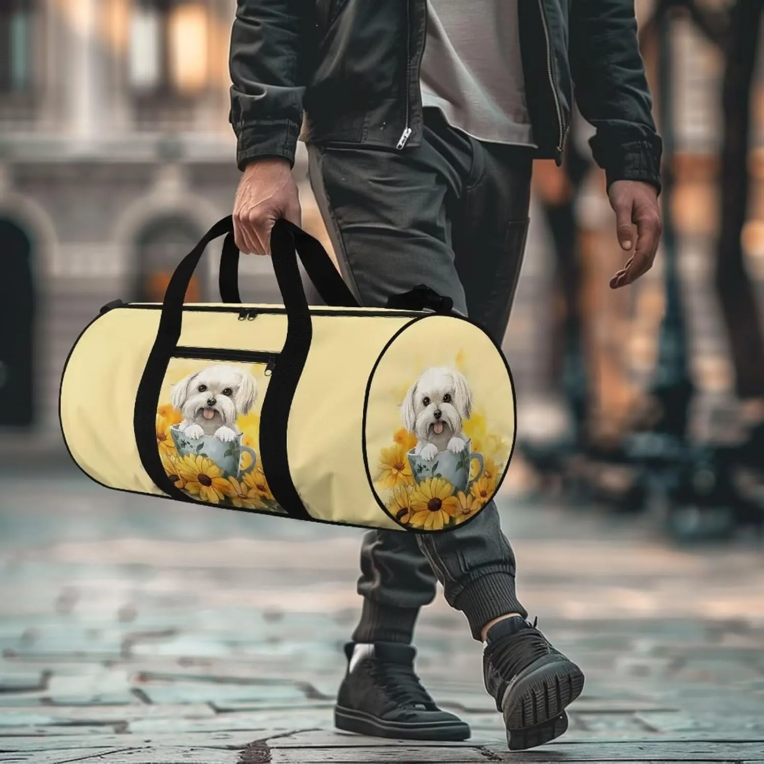Rchsmod Bichon Print Gym Bag for Women Sunflower Cup Design Travel Duffel Bag Foldable Shoulder Bag Overnight Weekender Duffel Bag with Front Zipper Pocket Fitness Tote for Plane Sports Gym