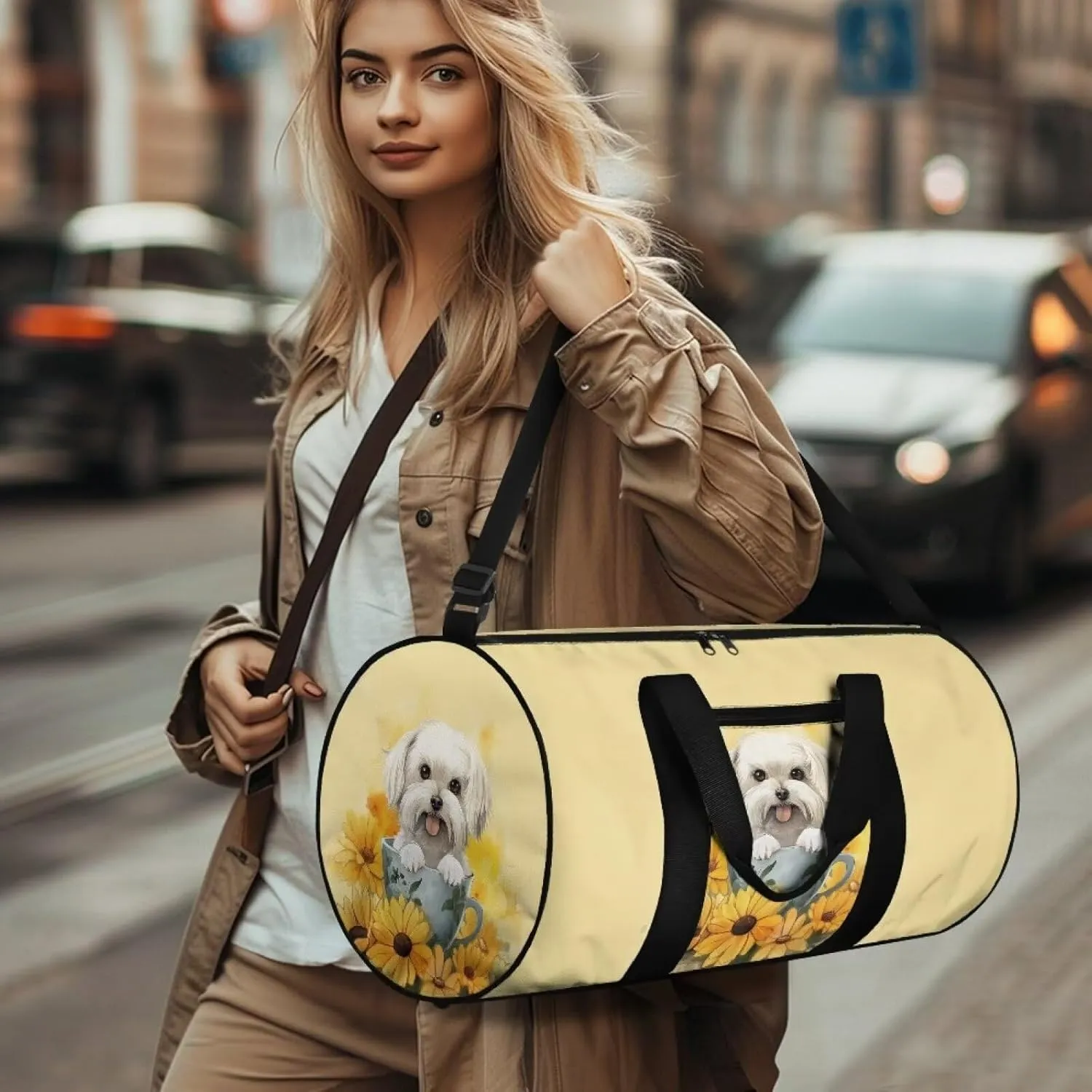 Rchsmod Bichon Print Gym Bag for Women Sunflower Cup Design Travel Duffel Bag Foldable Shoulder Bag Overnight Weekender Duffel Bag with Front Zipper Pocket Fitness Tote for Plane Sports Gym