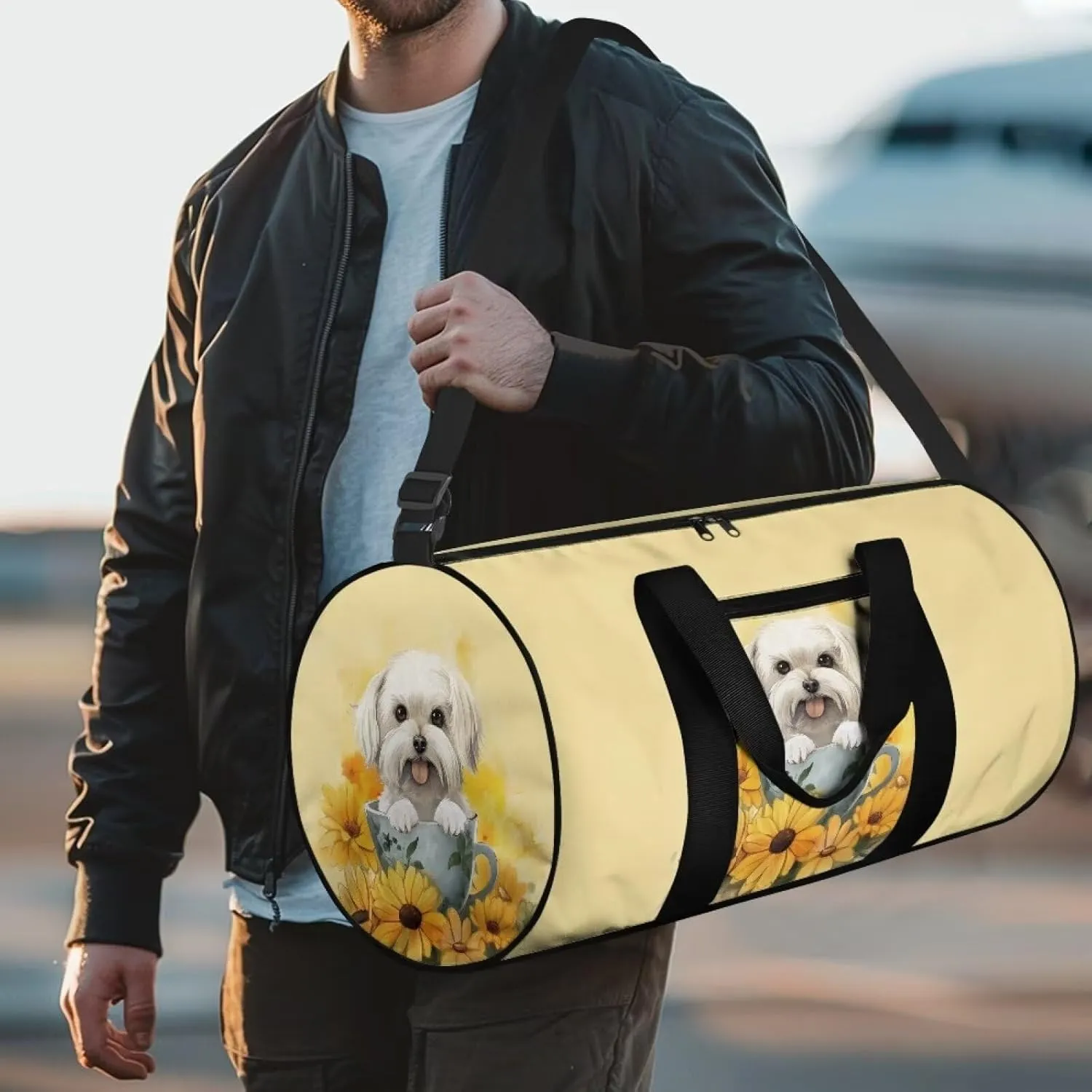 Rchsmod Bichon Print Gym Bag for Women Sunflower Cup Design Travel Duffel Bag Foldable Shoulder Bag Overnight Weekender Duffel Bag with Front Zipper Pocket Fitness Tote for Plane Sports Gym