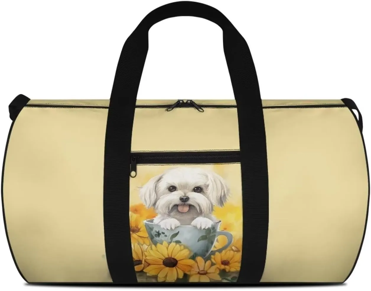 Rchsmod Bichon Print Gym Bag for Women Sunflower Cup Design Travel Duffel Bag Foldable Shoulder Bag Overnight Weekender Duffel Bag with Front Zipper Pocket Fitness Tote for Plane Sports Gym