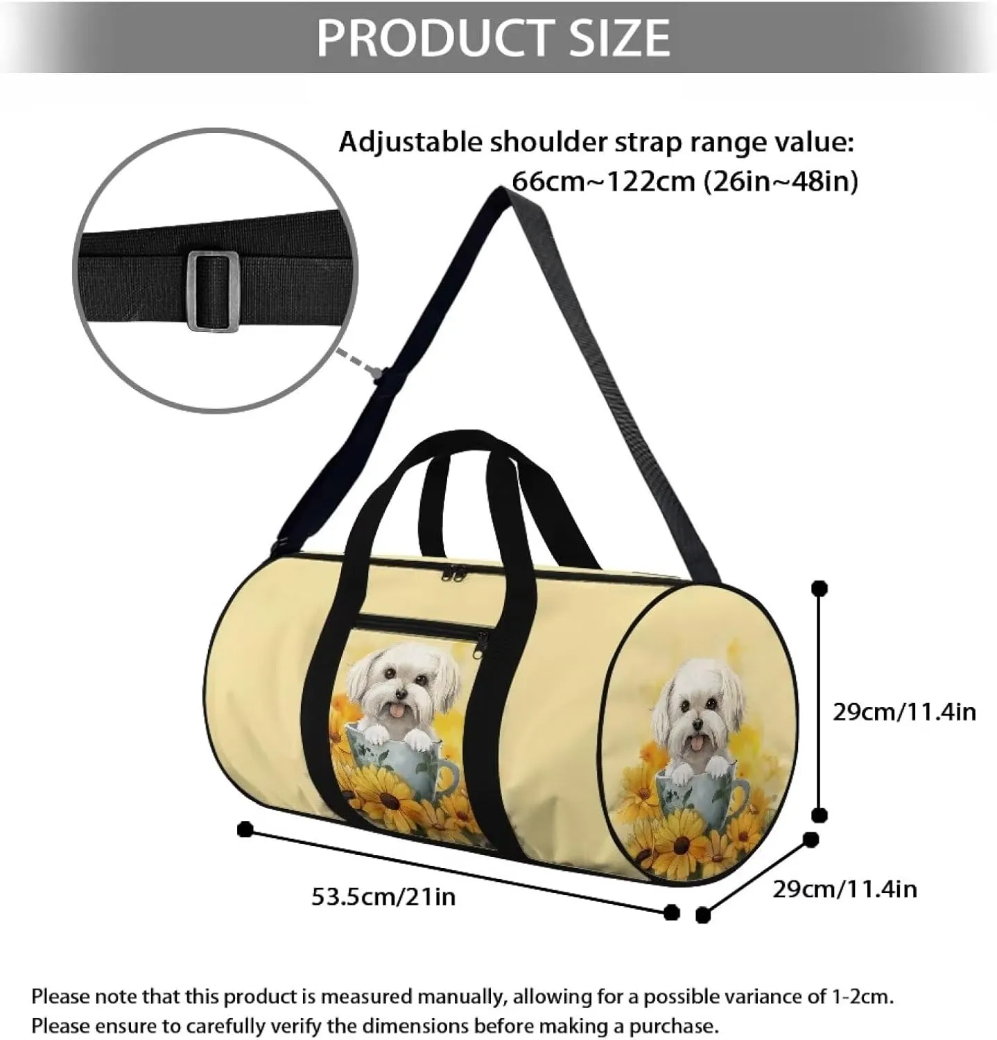 Rchsmod Bichon Print Gym Bag for Women Sunflower Cup Design Travel Duffel Bag Foldable Shoulder Bag Overnight Weekender Duffel Bag with Front Zipper Pocket Fitness Tote for Plane Sports Gym