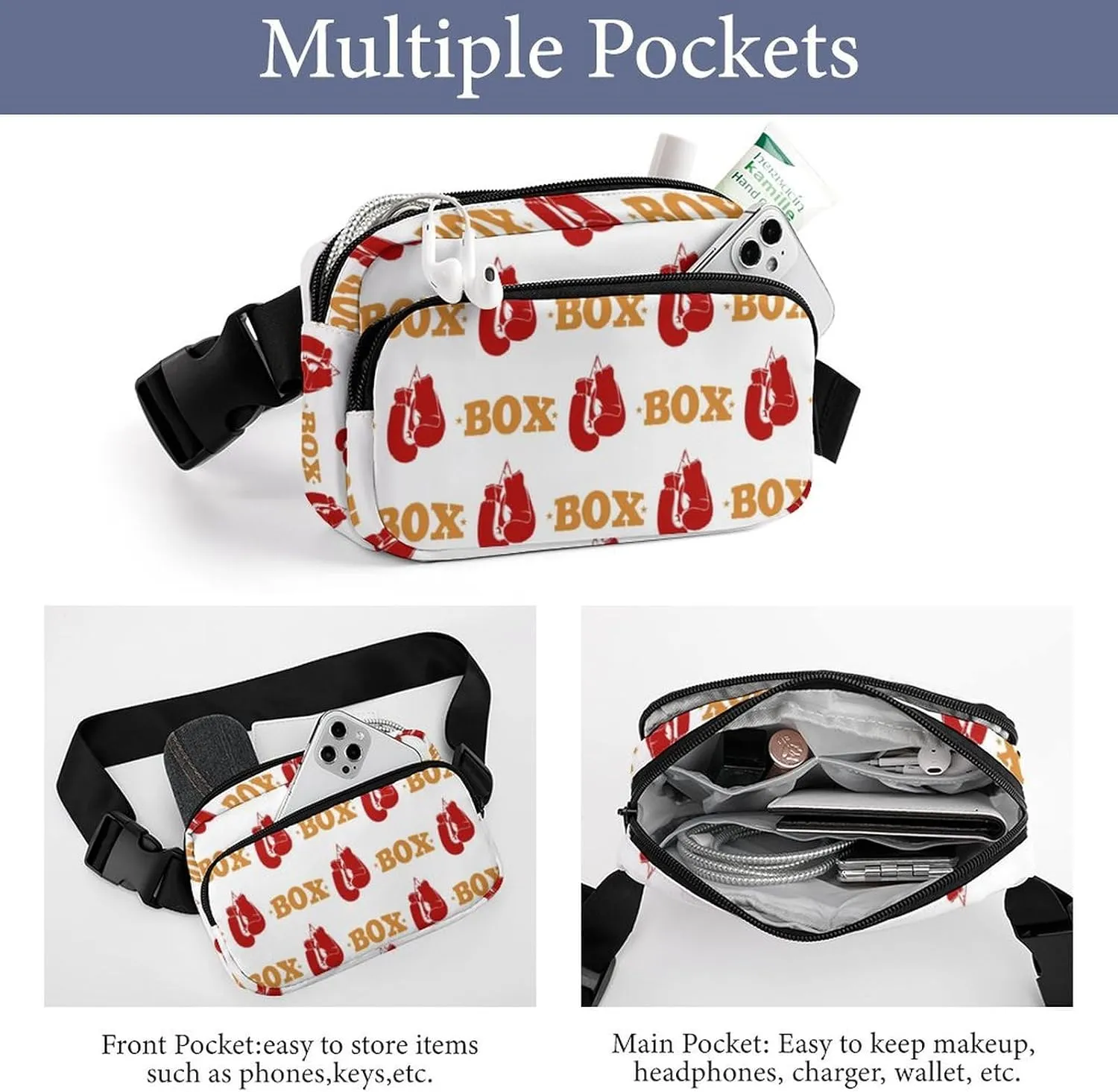 Red Boxing Gloves. Belt Bag Fanny Pack for Women Men Crossbody Waist Bag Pack Adjustable Casual Bag for Travel Running Workout Cycling