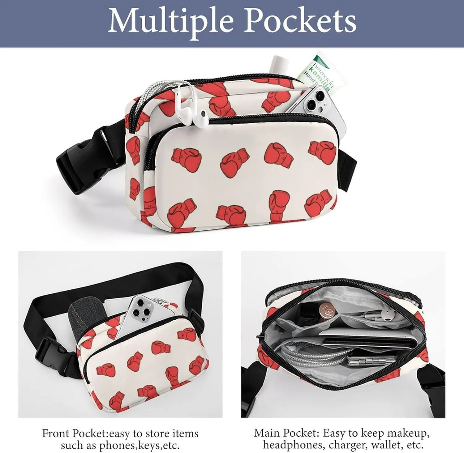 Red Boxing Gloves Belt Bag Fanny Pack for Women Men Crossbody Waist Bag Pack Adjustable Casual Bag for Travel Running Workout Cycling