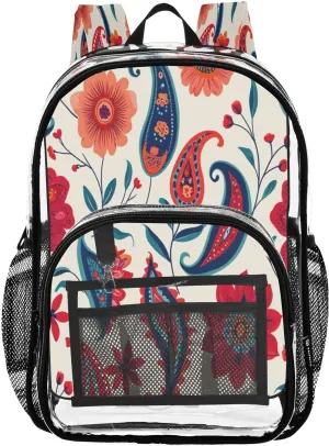 Red Floral Paisley Clear Backpack with Back Print, Heavy Duty See Through Backpacks PVC Transparent Daypack for Travel Security