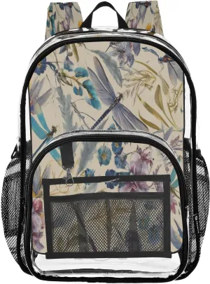 Retro Dragonflies Clear Backpack with Back Print, Heavy Duty See Through Backpacks PVC Transparent Daypack for Travel Security