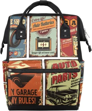 Retro Poster Theme Diaper Bag Tote Large Capacity Waterproof with Adjustable Shoulder Strap and Pram Straps Mommy Bag for Hospital Beach Weekender Travel