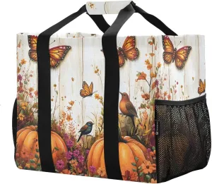 Reusable Grocery Bags with Reinforced Handles & Side Pockets, Autumn Pumpkin Waterproof Beach Tote Bag Large Foldable Handbags for Shopping, Travel, Gym