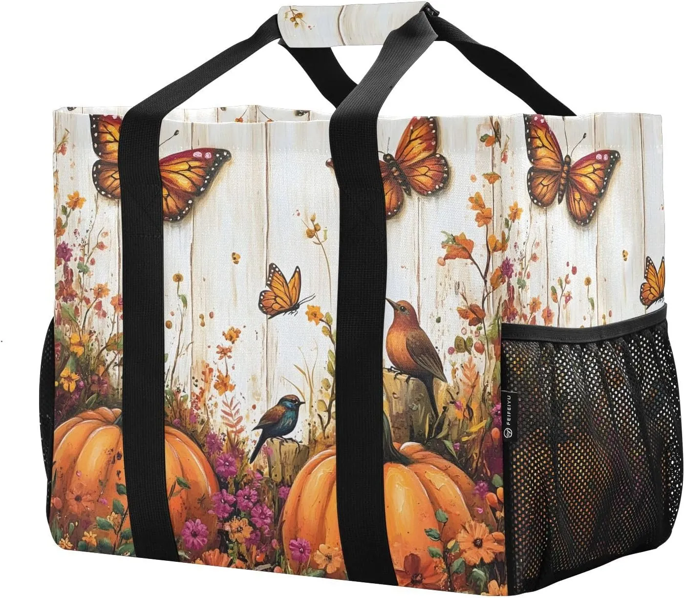 Reusable Grocery Bags with Reinforced Handles & Side Pockets, Autumn Pumpkin Waterproof Beach Tote Bag Large Foldable Handbags for Shopping, Travel, Gym