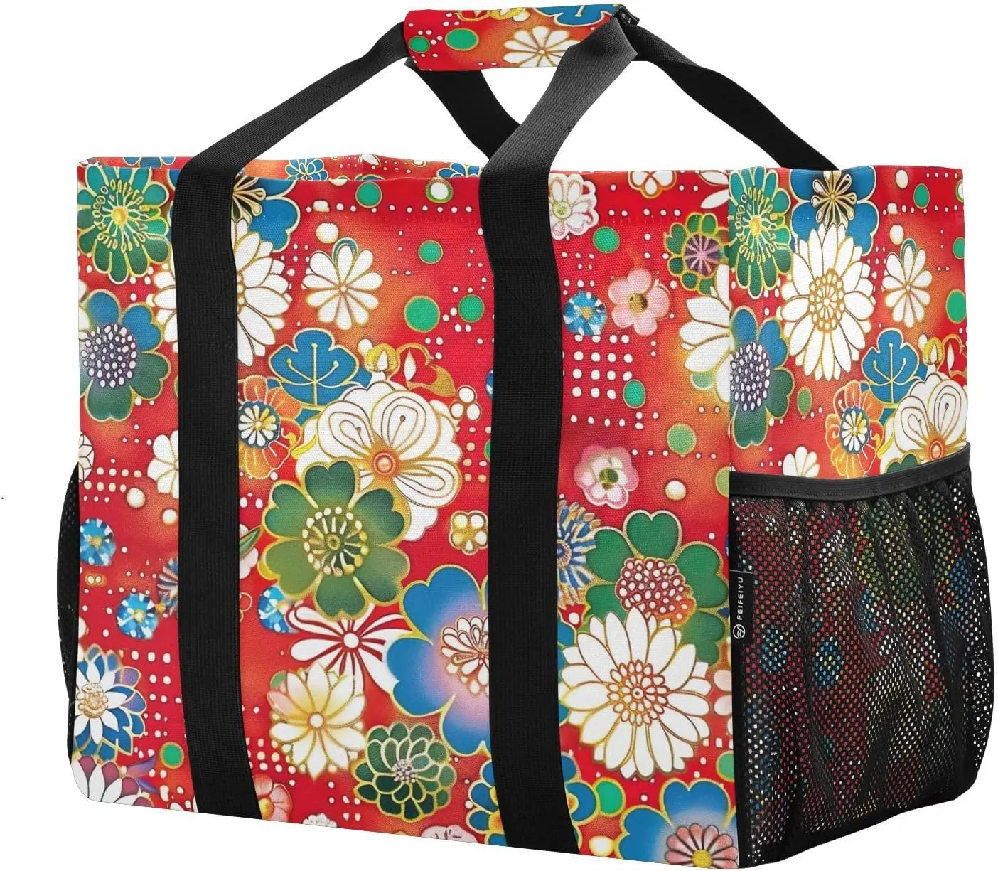 Reusable Grocery Bags with Reinforced Handles & Side Pockets, Japanese Classical Flower Waterproof Beach Tote Bag Large Foldable Handbags for Shopping, Travel, Gym