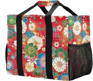 Reusable Grocery Bags with Reinforced Handles & Side Pockets, Japanese Classical Flower Waterproof Beach Tote Bag Large Foldable Handbags for Shopping, Travel, Gym