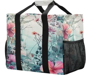 Reusable Grocery Bags with Reinforced Handles & Side Pockets, Watercolor Floral Waterproof Beach Tote Bag Large Foldable Handbags for Shopping, Travel, Gym