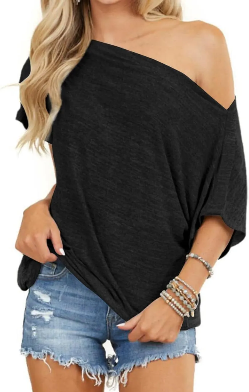 REVETRO Womens Sexy Off The Shoulder Tops Summer Short Batwing Sleeve Loose T-Shirts
