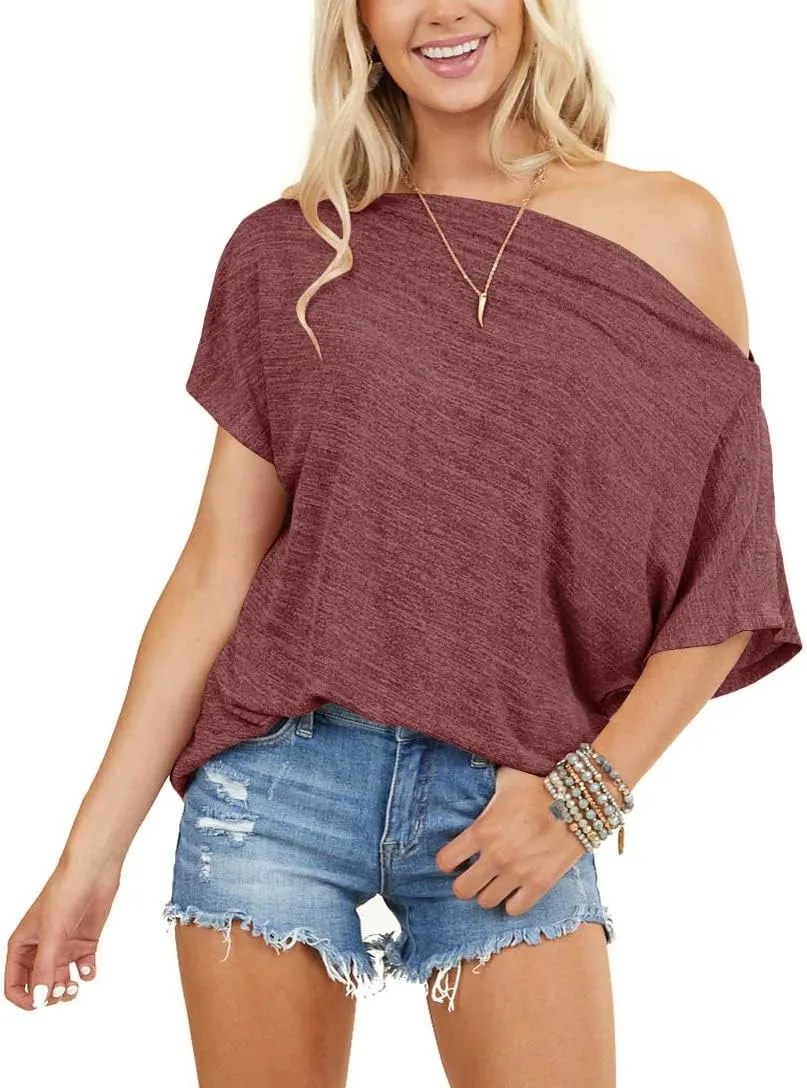 REVETRO Womens Sexy Off The Shoulder Tops Summer Short Batwing Sleeve Loose T-Shirts