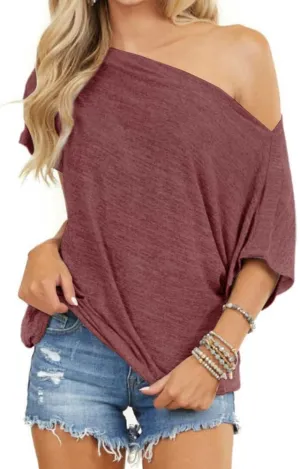 REVETRO Womens Sexy Off The Shoulder Tops Summer Short Batwing Sleeve Loose T-Shirts