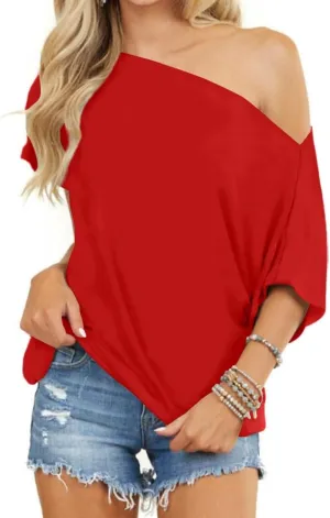 REVETRO Womens Sexy Off The Shoulder Tops Summer Short Batwing Sleeve Loose T-Shirts