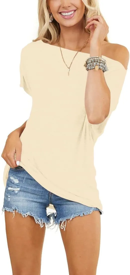 REVETRO Womens Sexy Off The Shoulder Tops Summer Short Batwing Sleeve Loose T-Shirts