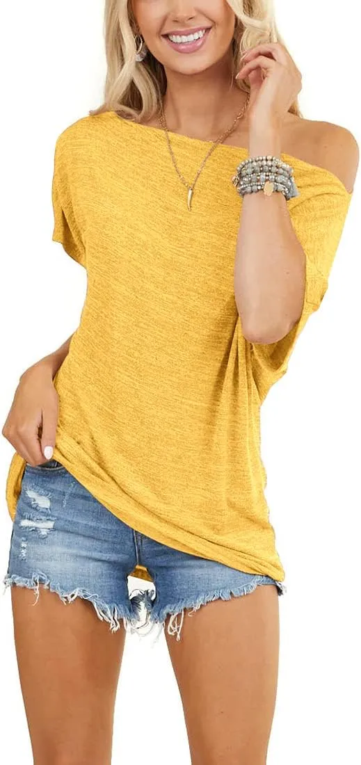 REVETRO Womens Sexy Off The Shoulder Tops Summer Short Batwing Sleeve Loose T-Shirts