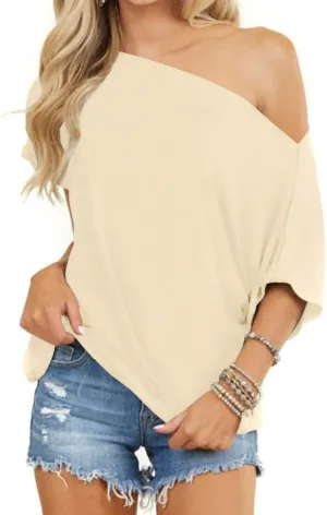 REVETRO Womens Sexy Off The Shoulder Tops Summer Short Batwing Sleeve Loose T-Shirts