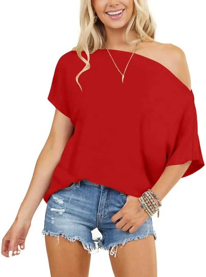 REVETRO Womens Sexy Off The Shoulder Tops Summer Short Batwing Sleeve Loose T-Shirts
