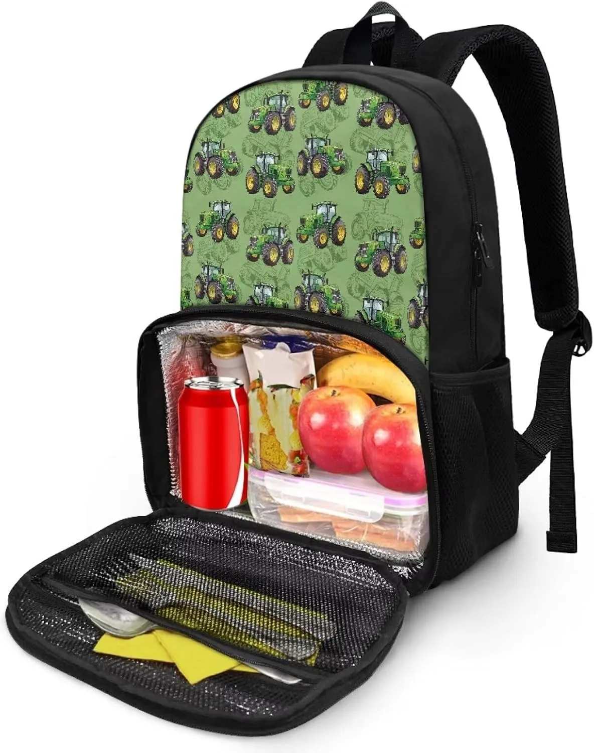 Rnyleeg Cartoon Trucks Lunch Backpack for Boys Kids Insulated Cooler Bag Box Rucksack Laptop Backpack 16.9 Inch Lunchbox Backpack for Travel Camping,Green