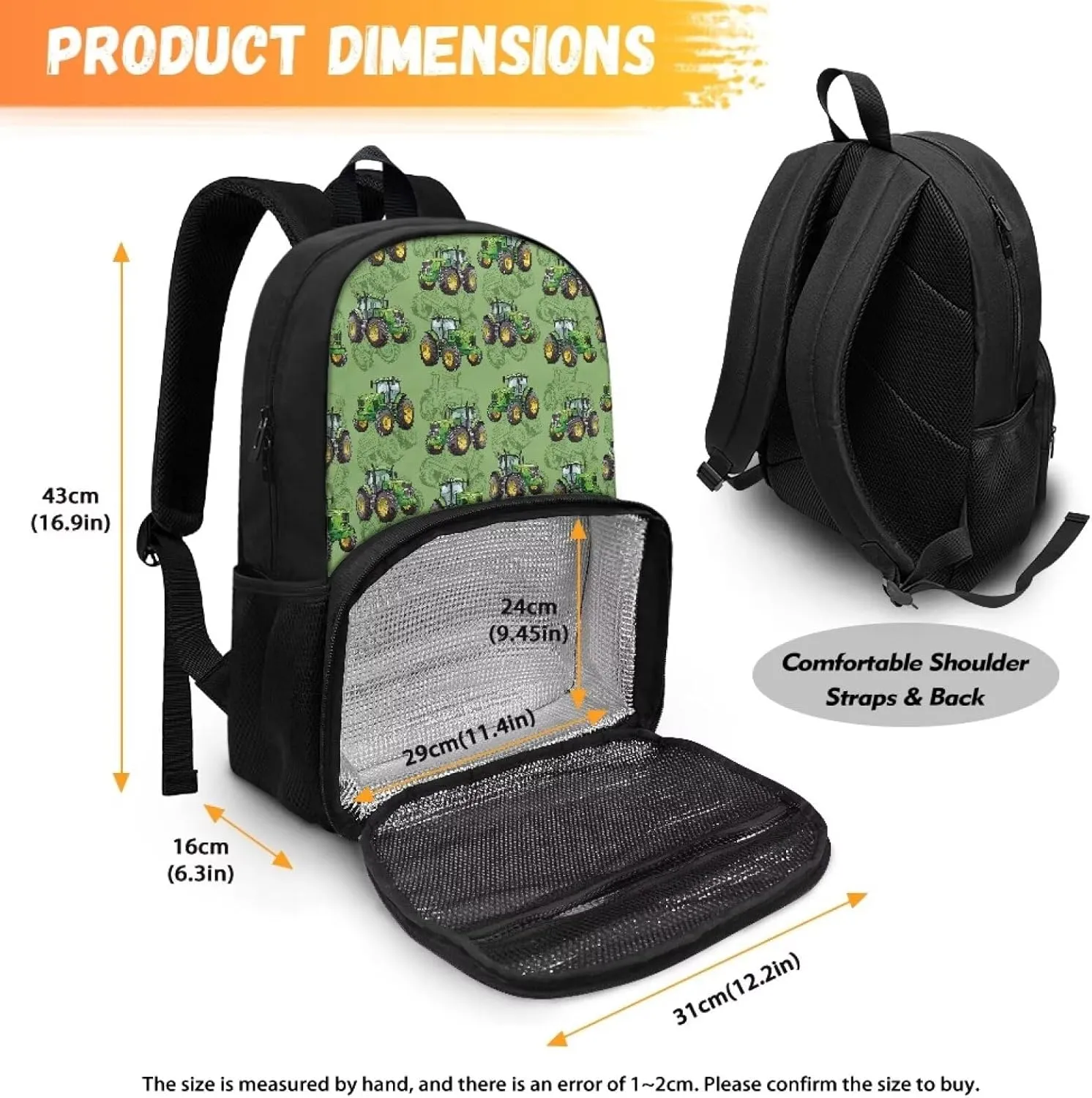 Rnyleeg Cartoon Trucks Lunch Backpack for Boys Kids Insulated Cooler Bag Box Rucksack Laptop Backpack 16.9 Inch Lunchbox Backpack for Travel Camping,Green