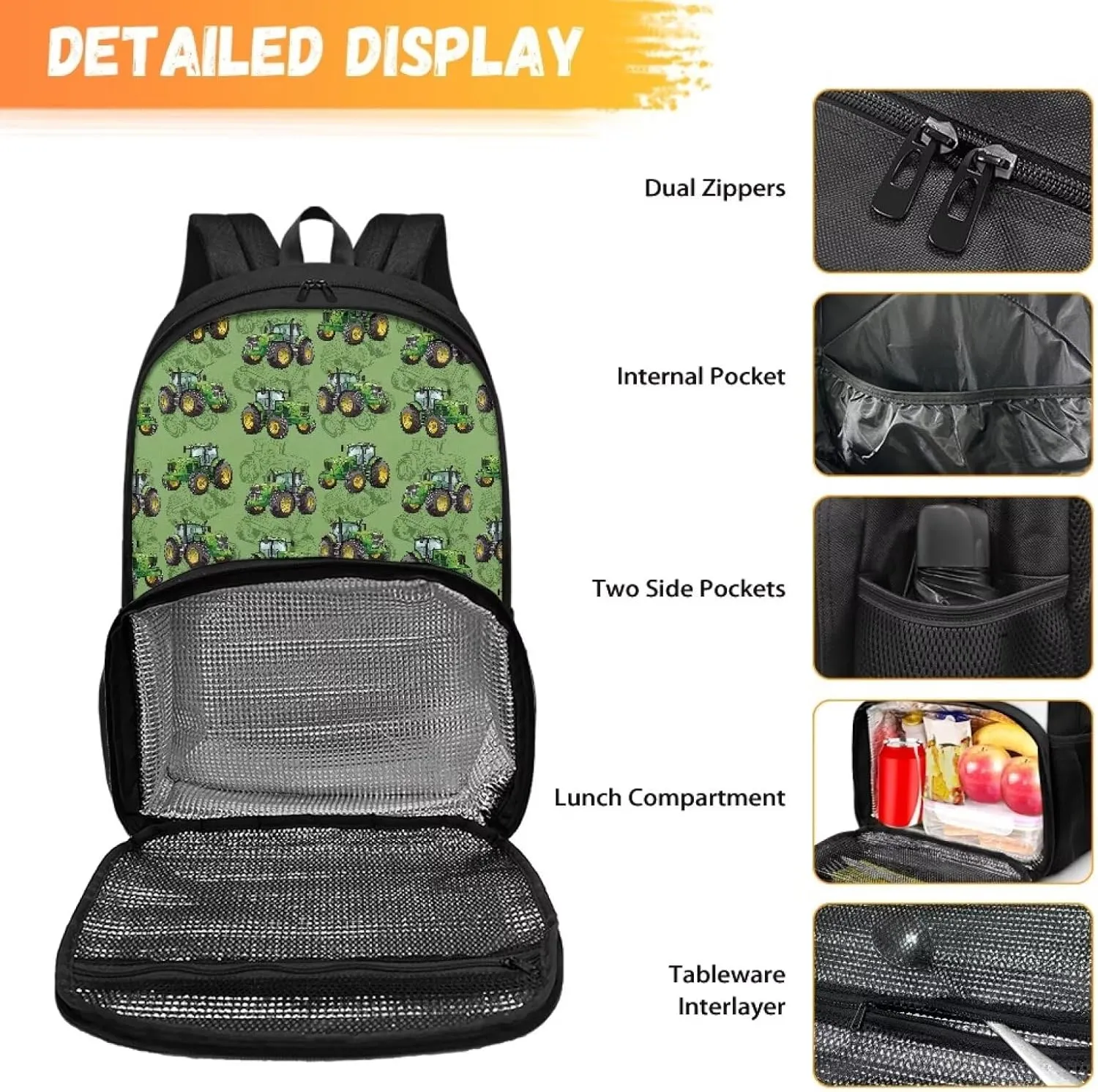 Rnyleeg Cartoon Trucks Lunch Backpack for Boys Kids Insulated Cooler Bag Box Rucksack Laptop Backpack 16.9 Inch Lunchbox Backpack for Travel Camping,Green