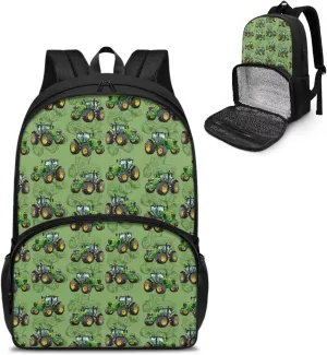 Rnyleeg Cartoon Trucks Lunch Backpack for Boys Kids Insulated Cooler Bag Box Rucksack Laptop Backpack 16.9 Inch Lunchbox Backpack for Travel Camping,Green