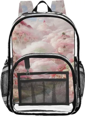 Romantic Cloud Fairland Clear Backpack with Back Print, Heavy Duty See Through Backpacks PVC Transparent Daypack for Travel Security