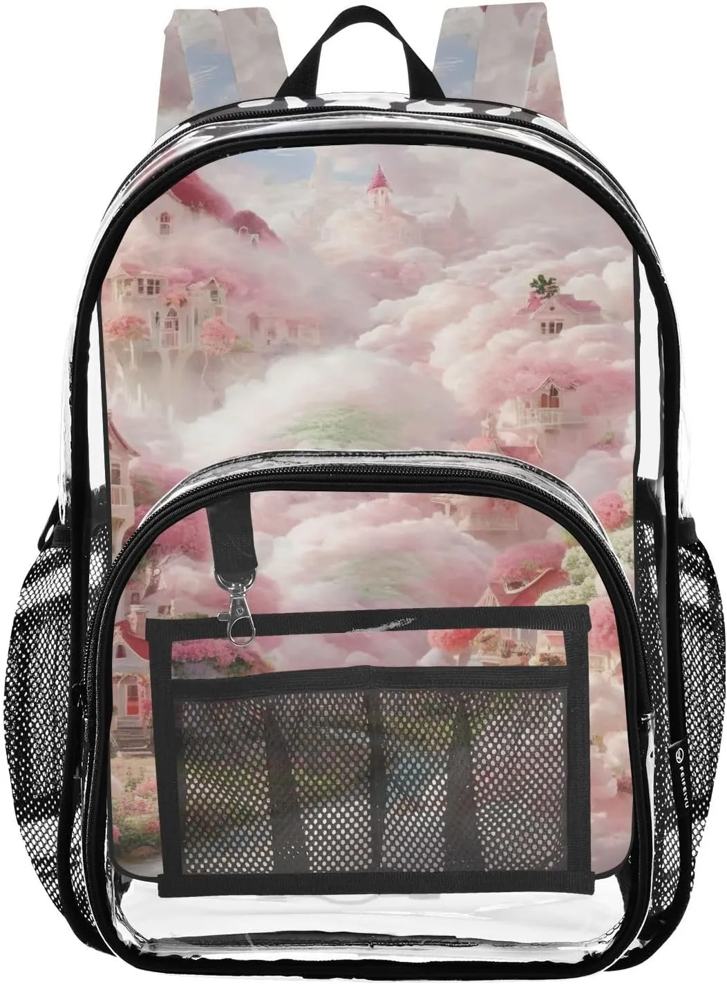Romantic Cloud Fairland Clear Backpack with Back Print, Heavy Duty See Through Backpacks PVC Transparent Daypack for Travel Security