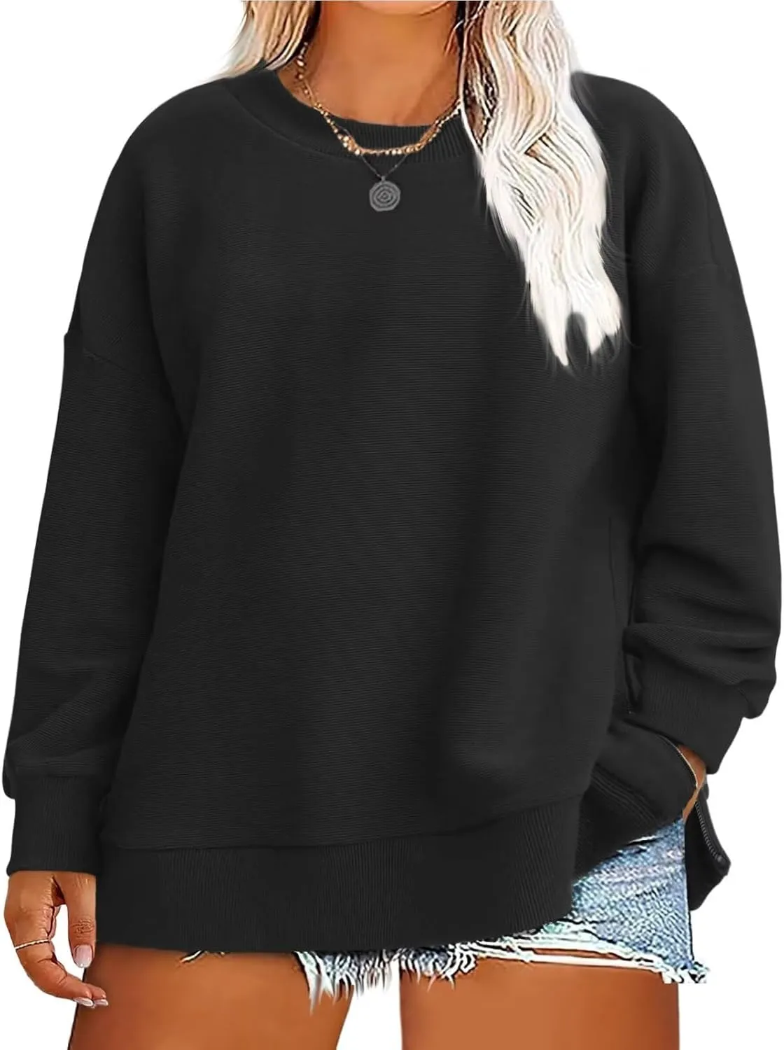 ROSRISS Plus-Size-Sweatshirts-for-Women Oversiezd Long Sleeve Shirts Dressy Crewneck Trendy Side Slit Zipper Pullover Tops