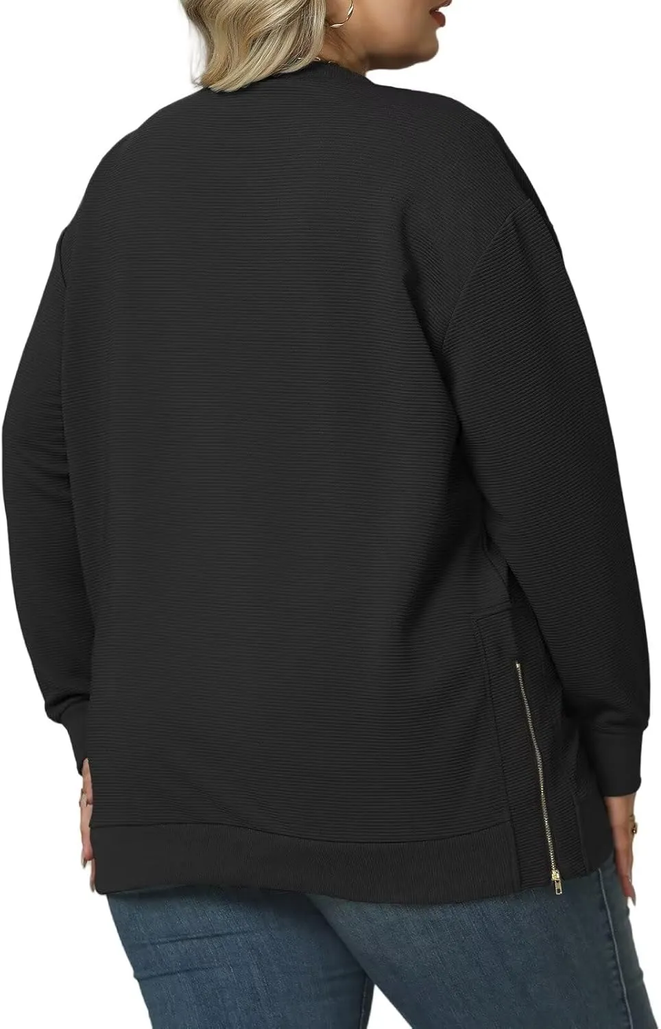 ROSRISS Plus-Size-Sweatshirts-for-Women Oversiezd Long Sleeve Shirts Dressy Crewneck Trendy Side Slit Zipper Pullover Tops