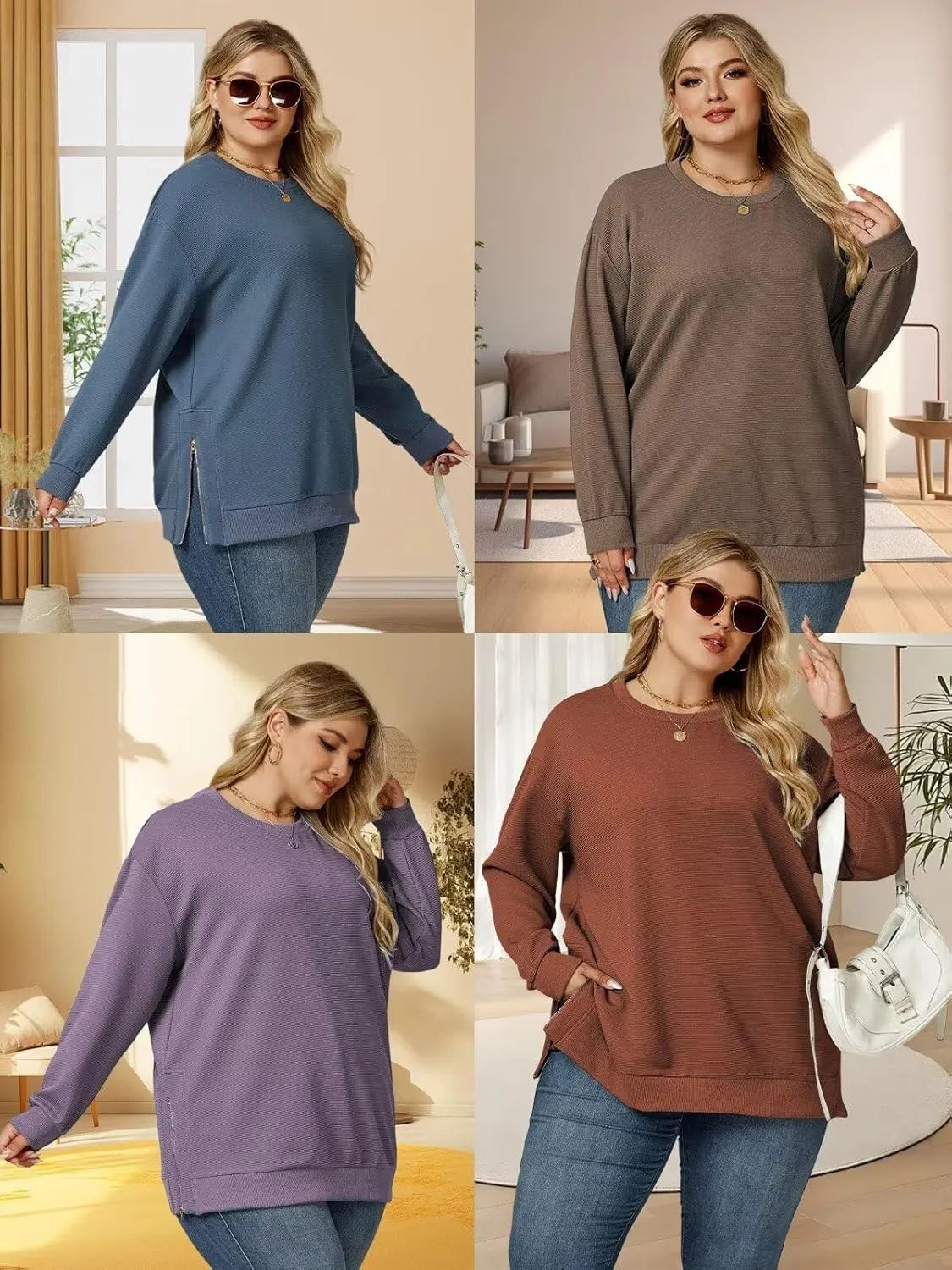 ROSRISS Plus-Size-Sweatshirts-for-Women Oversiezd Long Sleeve Shirts Dressy Crewneck Trendy Side Slit Zipper Pullover Tops