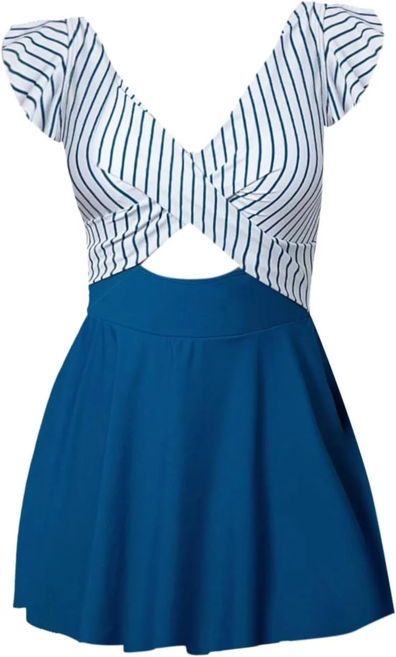 Ruffle Swimsuits for Women with Bra Support Tummy Control Cutout One Piece Color Block Wrap Swimwear