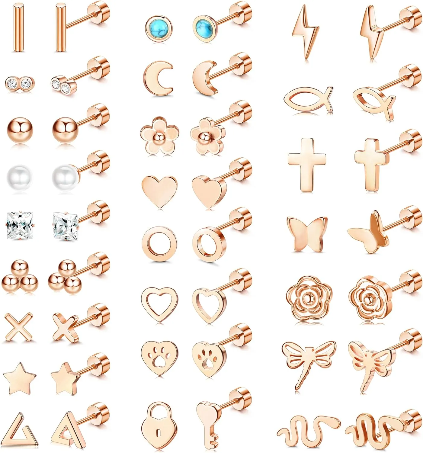 Sanfenly 24 Pairs Stainless Steel Stud Earrings Set for Women Men 20G Tiny Small Cartilage Helix Earrings Screw Back Earrings Hypoallergenic Flat Back Earrings Piercing Jewely