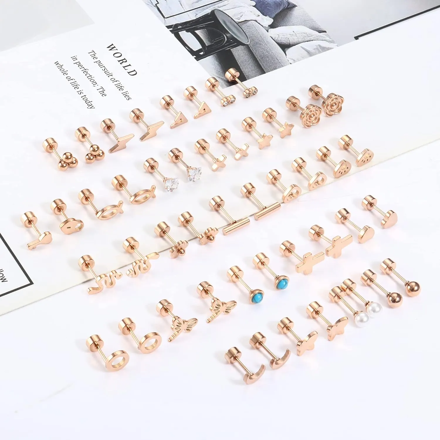 Sanfenly 24 Pairs Stainless Steel Stud Earrings Set for Women Men 20G Tiny Small Cartilage Helix Earrings Screw Back Earrings Hypoallergenic Flat Back Earrings Piercing Jewely