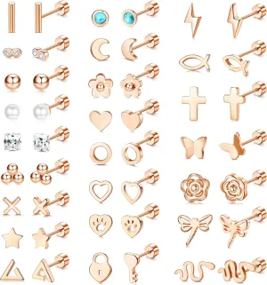 Sanfenly 24 Pairs Stainless Steel Stud Earrings Set for Women Men 20G Tiny Small Cartilage Helix Earrings Screw Back Earrings Hypoallergenic Flat Back Earrings Piercing Jewely
