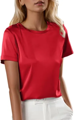 SANGTREE Women's Crew Neck Short Sleeve Satin Silk Blouse Tops