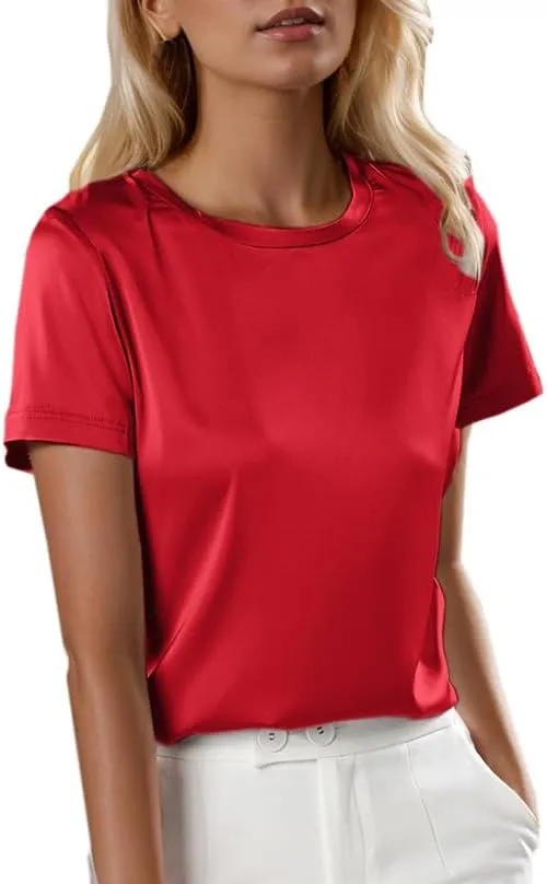 SANGTREE Women's Crew Neck Short Sleeve Satin Silk Blouse Tops