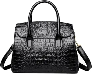 Satchel Tote Purse for Women Crocodile Pattern Embossed Top-handle Handbags Fuax Leather Shoulder Bag-Black