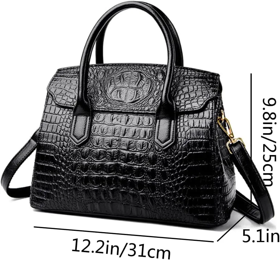 Satchel Tote Purse for Women Crocodile Pattern Embossed Top-handle Handbags Fuax Leather Shoulder Bag-Black