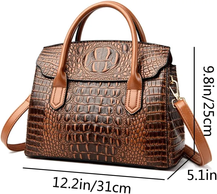 Satchel Tote Purse for Women Crocodile Pattern Embossed Top-handle Handbags Fuax Leather Shoulder Bag-Black
