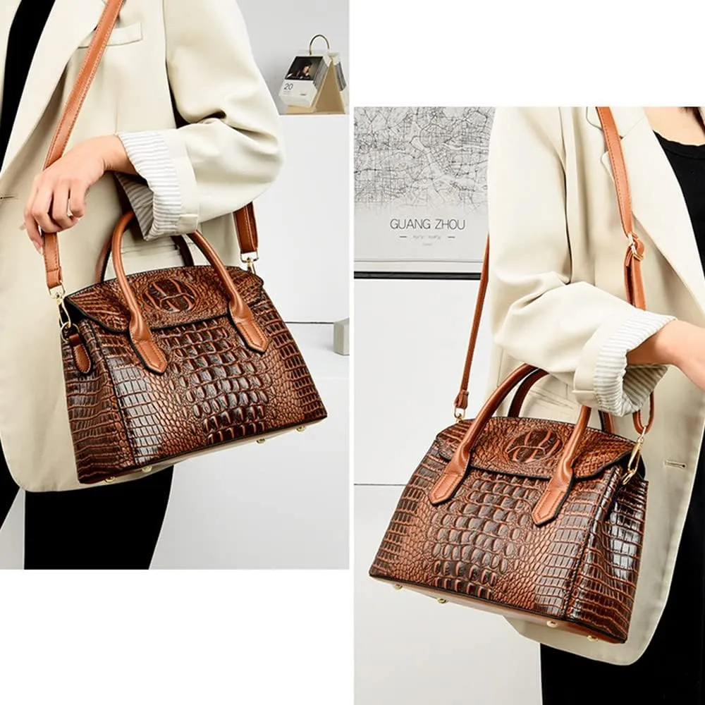 Satchel Tote Purse for Women Crocodile Pattern Embossed Top-handle Handbags Fuax Leather Shoulder Bag-Black