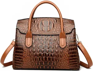 Satchel Tote Purse for Women Crocodile Pattern Embossed Top-handle Handbags Fuax Leather Shoulder Bag-Black